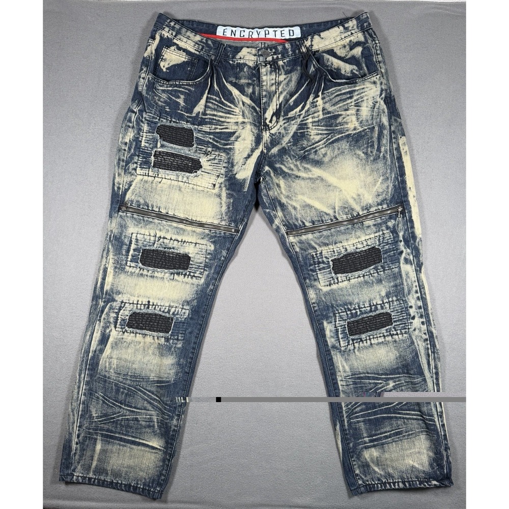 Encrypted The Collection Mens Distressed Moto Jeans 44 Acid Wash Blue Streetwear